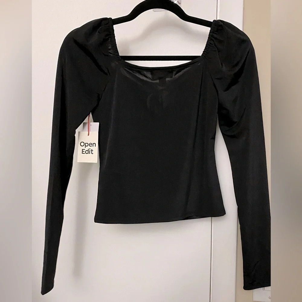 NWT Open Edit Long Sleeve Keyhole Black Crop Top Size XS - Picture 5 of 6
